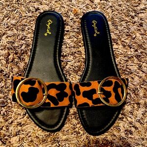 Leopard Print Slide Sandals with Gold Buckle detail - Size 6